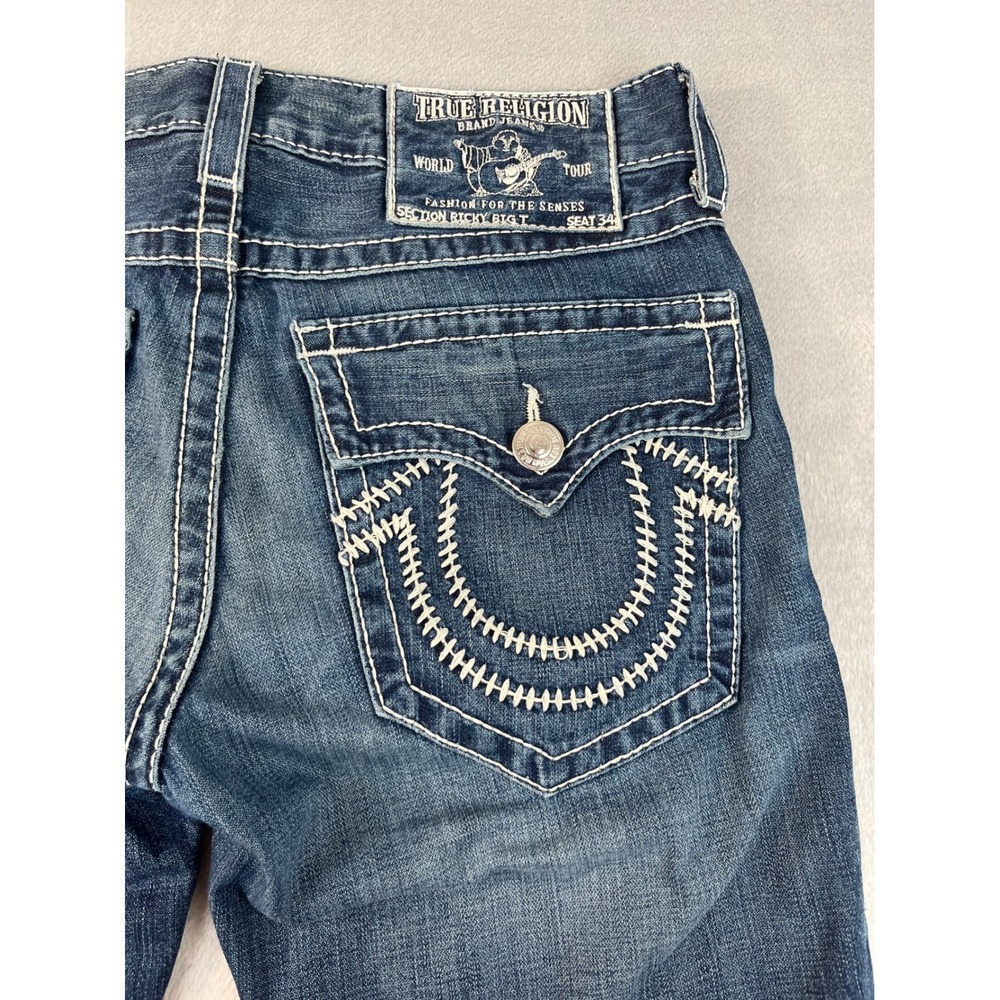 True Religion Ricky Big T Jeans Mens 33 Blue Excellent Straight Leg Big Stitch - Picture 12 of 13